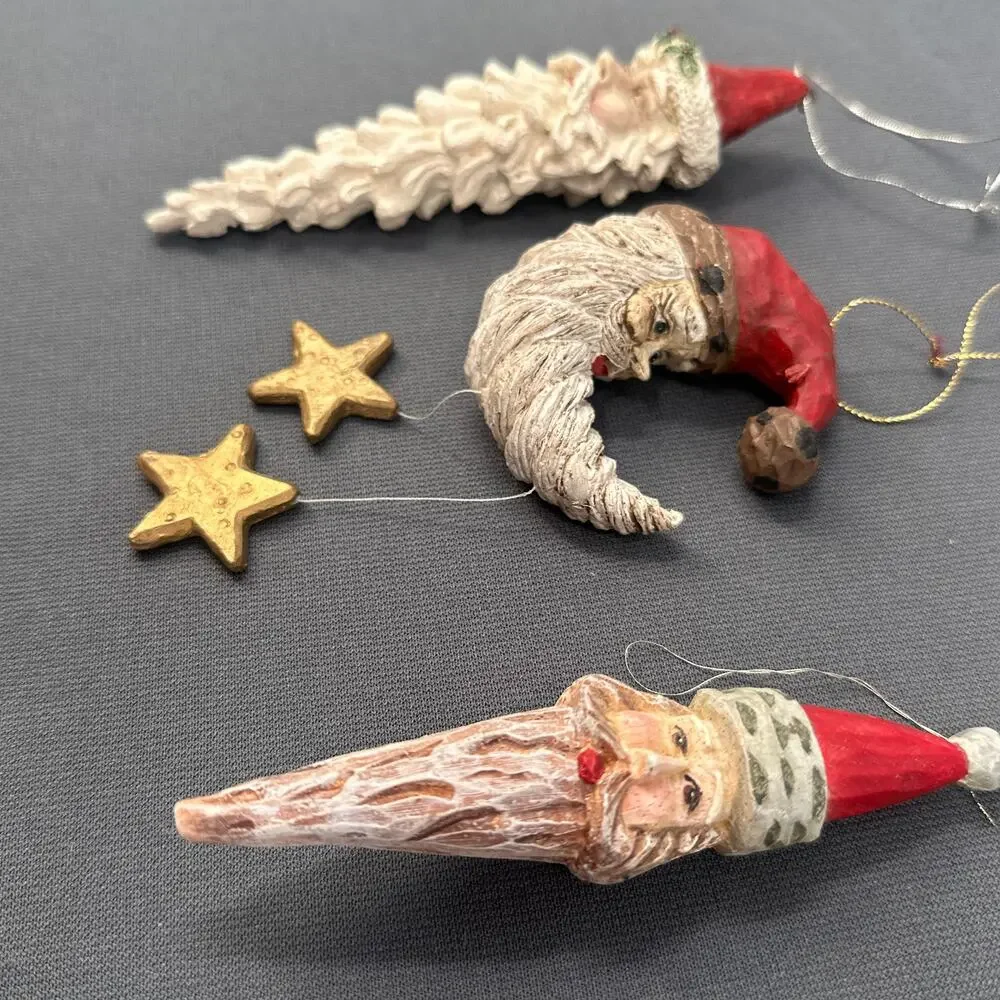 VTG Hand Painted Santa Face Ornament set 3 Red Hat Folk Art Moon Stars Resin 90s